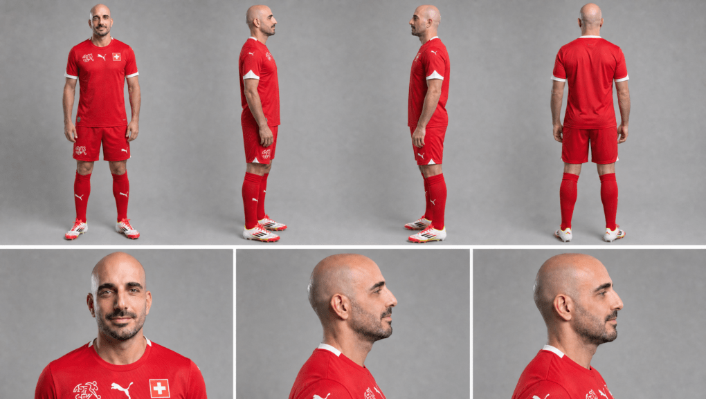 Avatar IA de Loïc Morant en tenue de football suisse, présenté de face, de profil et de dos.