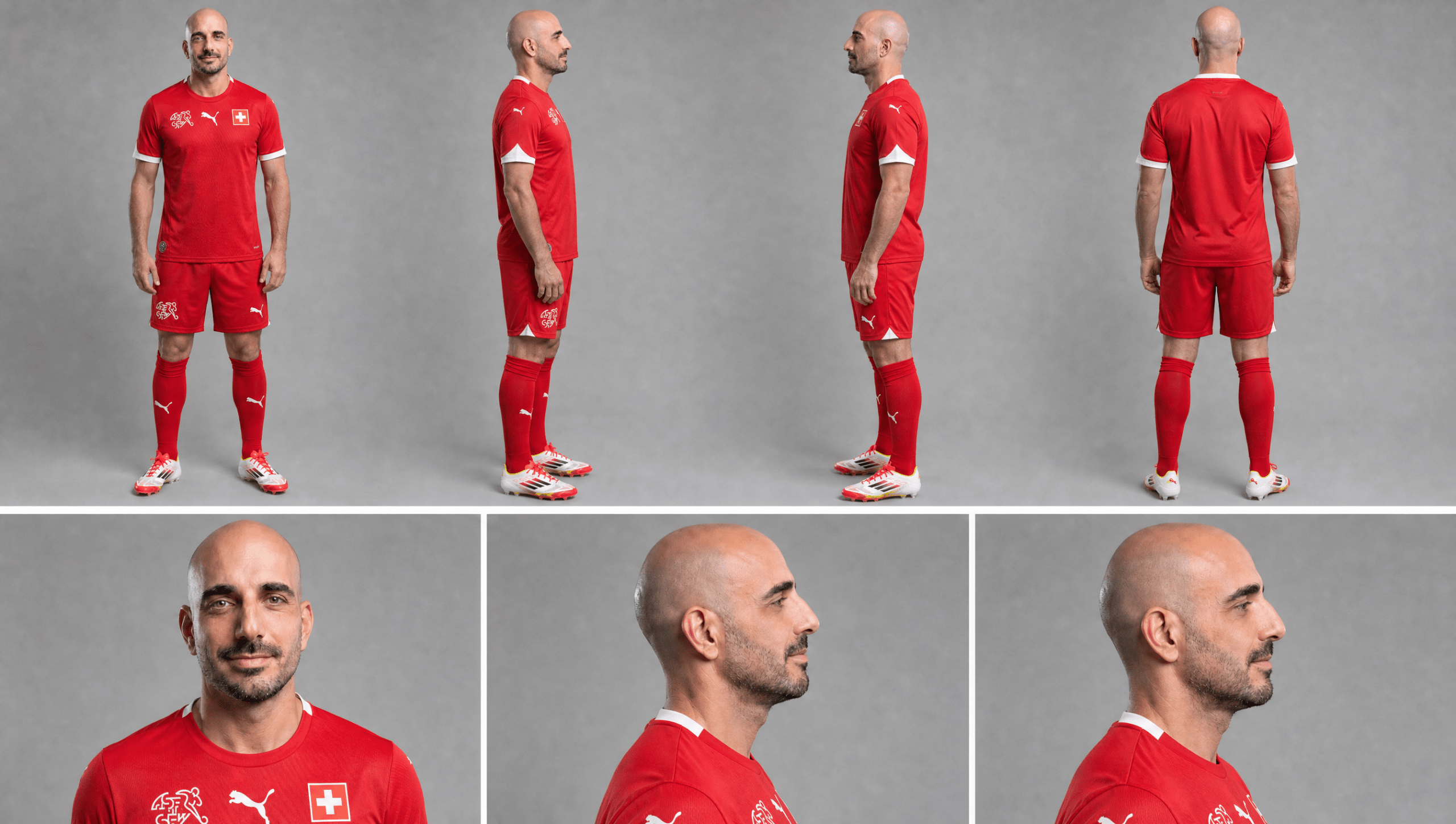 Avatar IA de Loïc Morant en tenue de football suisse, présenté de face, de profil et de dos.